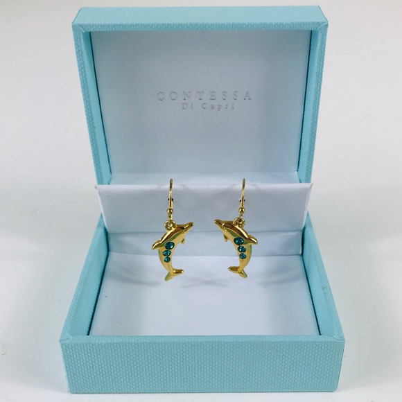 Gold Toned Dolphin Blue Stone Dangle Earrings - Picture 4 of 10